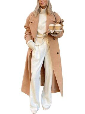 Women's Camel Fall Fashion Fall Winter Big Notch Lapel Overcoat Wool Pea Coats